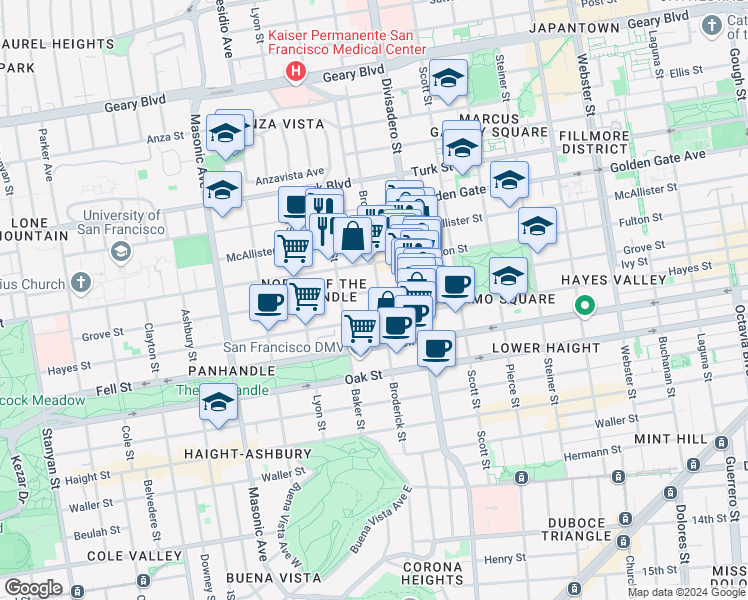 map of restaurants, bars, coffee shops, grocery stores, and more near 1442 Grove Street in San Francisco