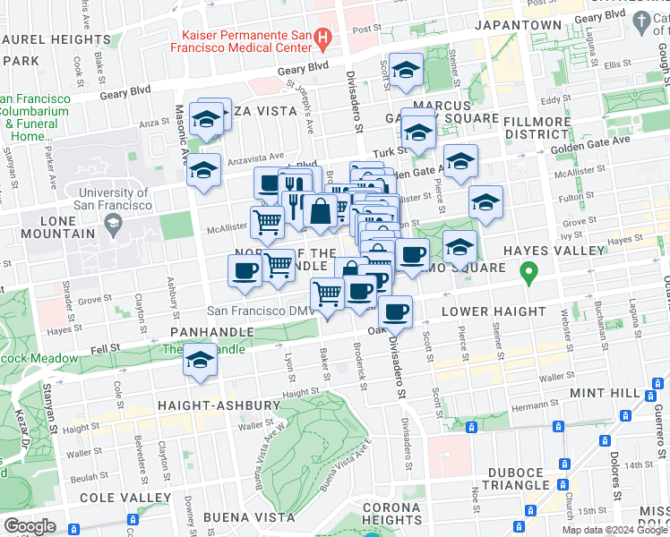 map of restaurants, bars, coffee shops, grocery stores, and more near 1442 Grove Street in San Francisco