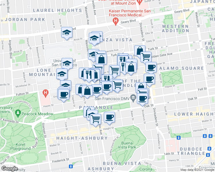 map of restaurants, bars, coffee shops, grocery stores, and more near 1706 Fulton Street in San Francisco