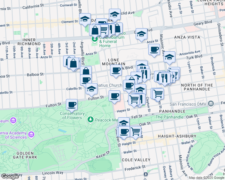 map of restaurants, bars, coffee shops, grocery stores, and more near 2546 McAllister Street in San Francisco