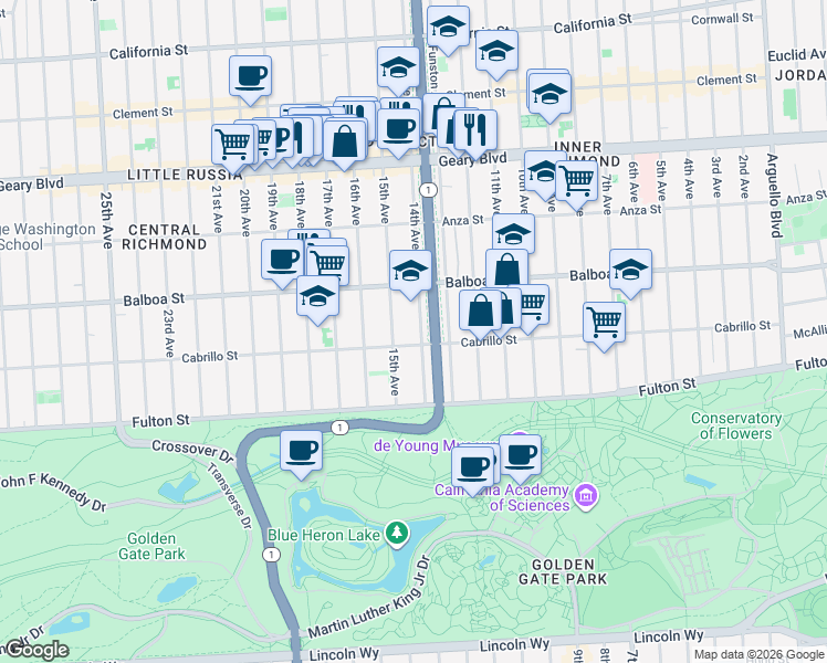 map of restaurants, bars, coffee shops, grocery stores, and more near 638 15th Avenue in San Francisco