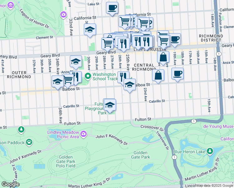 map of restaurants, bars, coffee shops, grocery stores, and more near 731 26th Avenue in San Francisco