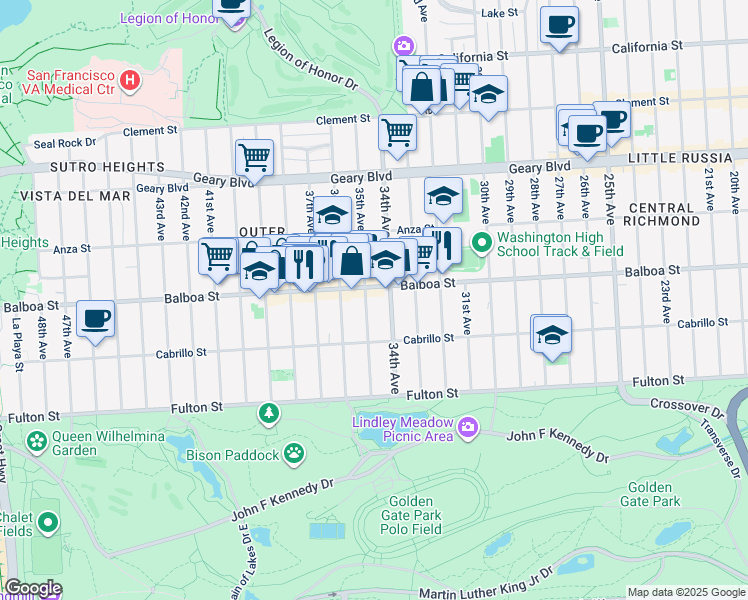 map of restaurants, bars, coffee shops, grocery stores, and more near 3314 Balboa Street in San Francisco