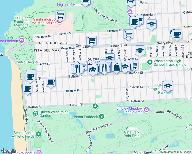 map of restaurants, bars, coffee shops, grocery stores, and more near 682 39th Avenue in San Francisco