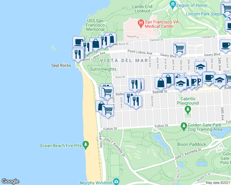map of restaurants, bars, coffee shops, grocery stores, and more near 659 48th Avenue in San Francisco