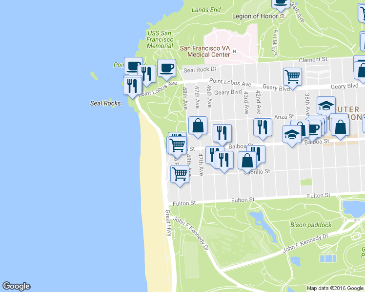 map of restaurants, bars, coffee shops, grocery stores, and more near 659 48th Avenue in San Francisco