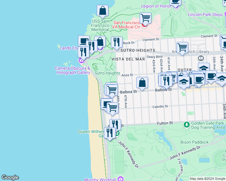 map of restaurants, bars, coffee shops, grocery stores, and more near 659 48th Avenue in San Francisco