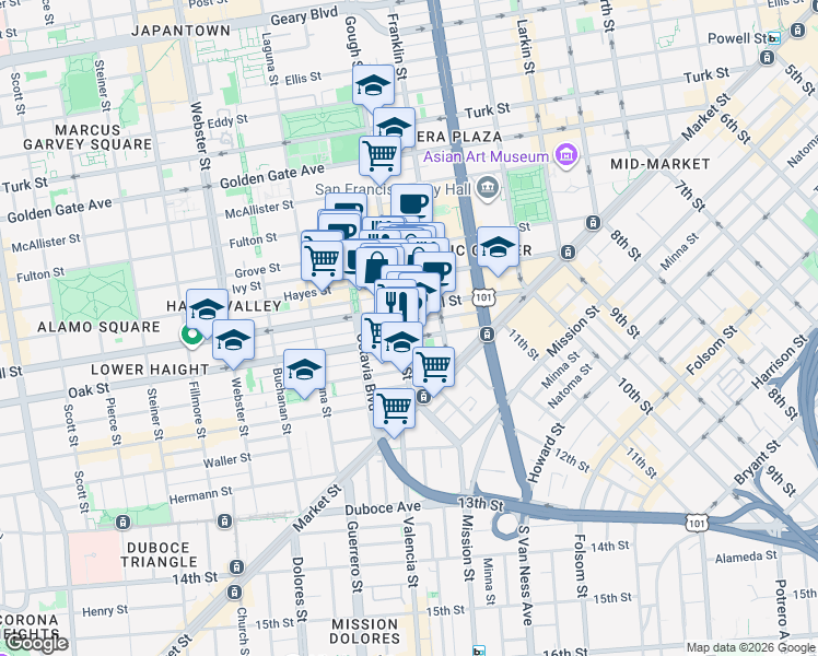 map of restaurants, bars, coffee shops, grocery stores, and more near 150 Oak Street in San Francisco