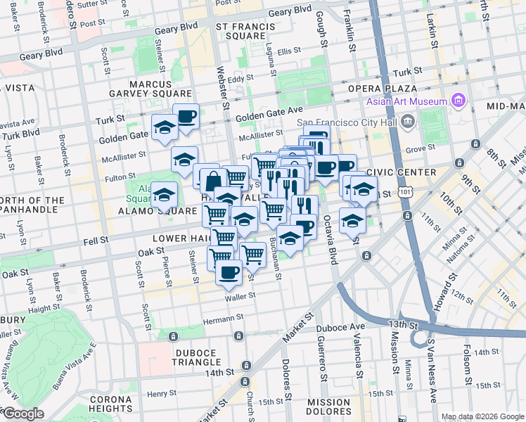 map of restaurants, bars, coffee shops, grocery stores, and more near 717 Hayes Street in San Francisco
