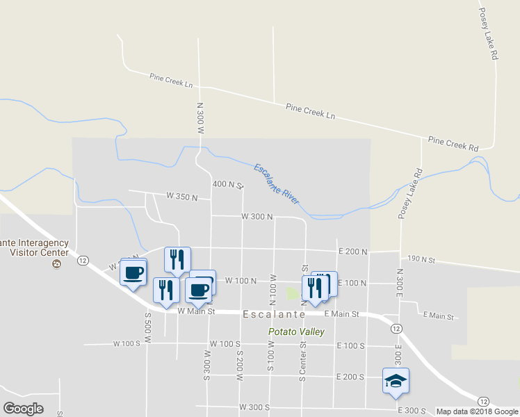 map of restaurants, bars, coffee shops, grocery stores, and more near 130 West 300 North in Escalante