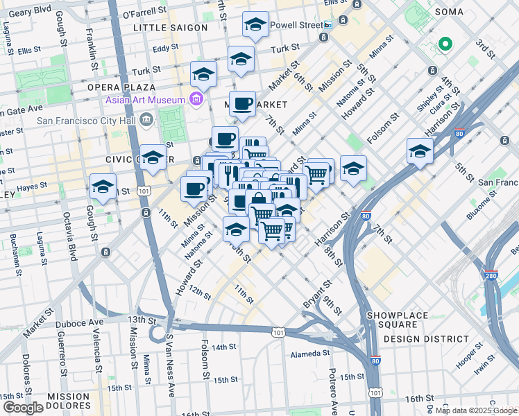map of restaurants, bars, coffee shops, grocery stores, and more near 1208 Howard Street in San Francisco
