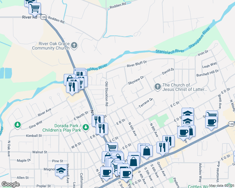 map of restaurants, bars, coffee shops, grocery stores, and more near 764 Cloverland Way in Oakdale