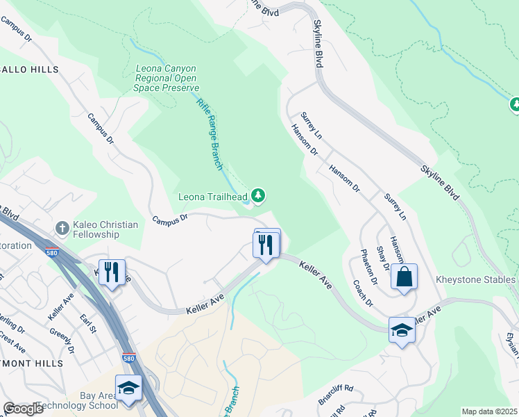 map of restaurants, bars, coffee shops, grocery stores, and more near 760 Canyon Oaks Drive in Oakland