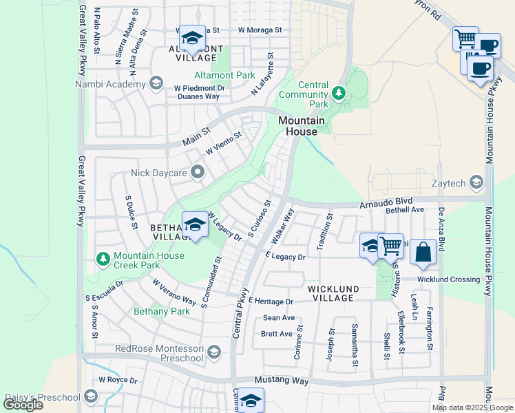 map of restaurants, bars, coffee shops, grocery stores, and more near 201 Terraza Way in Mountain House