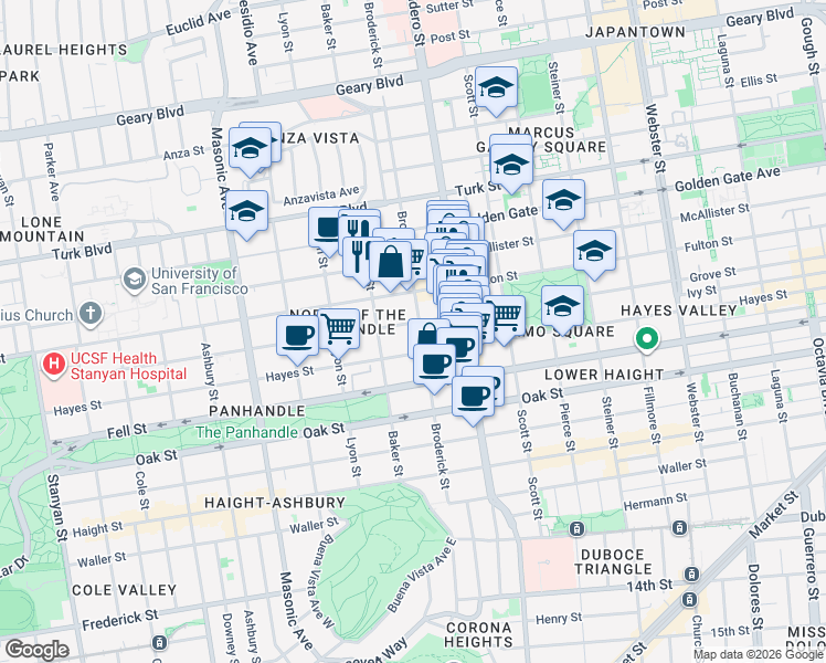 map of restaurants, bars, coffee shops, grocery stores, and more near 1442 Grove Street in San Francisco