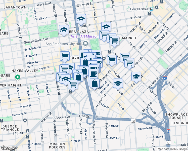 map of restaurants, bars, coffee shops, grocery stores, and more near 1455 Market Street in San Francisco