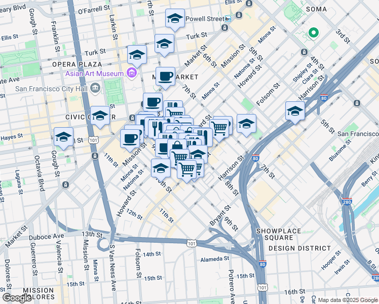 map of restaurants, bars, coffee shops, grocery stores, and more near 1208 Howard Street in San Francisco