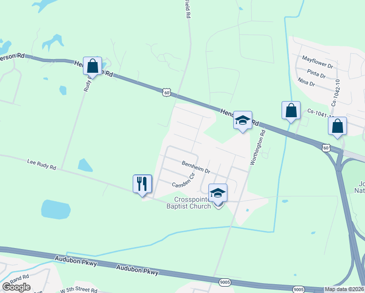 map of restaurants, bars, coffee shops, grocery stores, and more near 460 Camden Circle in Owensboro