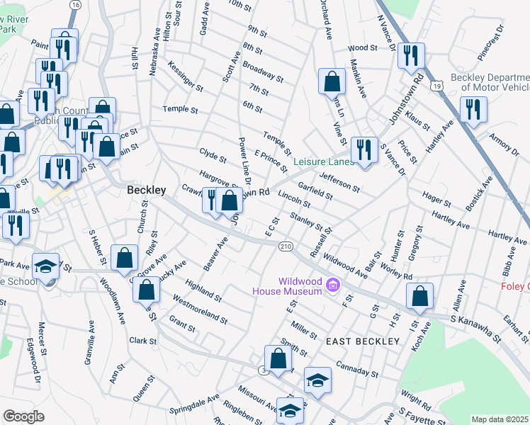 map of restaurants, bars, coffee shops, grocery stores, and more near 94-98 Stanley Street in Beckley