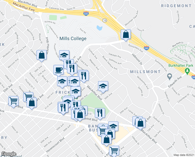 map of restaurants, bars, coffee shops, grocery stores, and more near 6233 Laird Avenue in Oakland