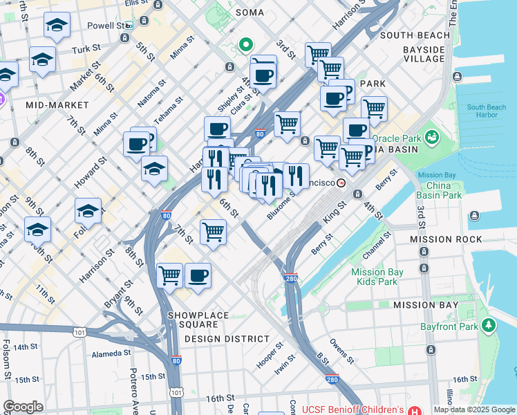 map of restaurants, bars, coffee shops, grocery stores, and more near 651 Brannan Street in San Francisco