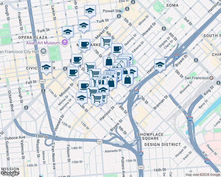 map of restaurants, bars, coffee shops, grocery stores, and more near Folsom St & Rodgers St in San Francisco