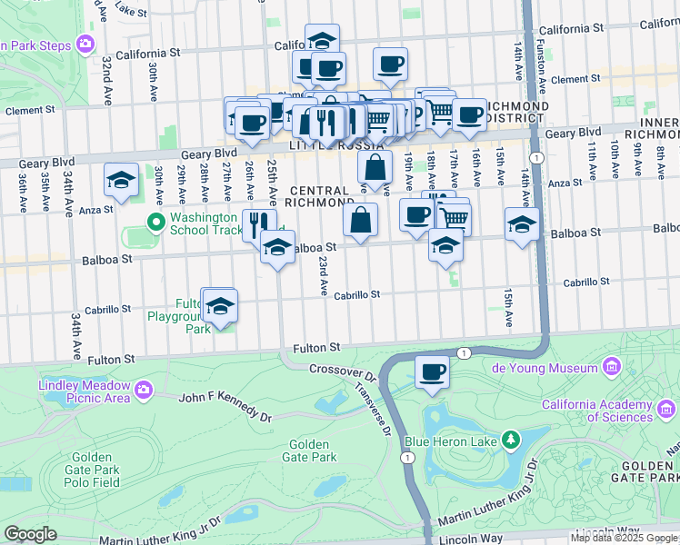 map of restaurants, bars, coffee shops, grocery stores, and more near 622 22nd Avenue in San Francisco