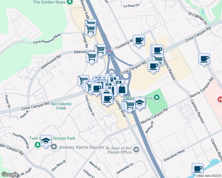 map of restaurants, bars, coffee shops, grocery stores, and more near 2400 San Ramon Valley Boulevard in San Ramon
