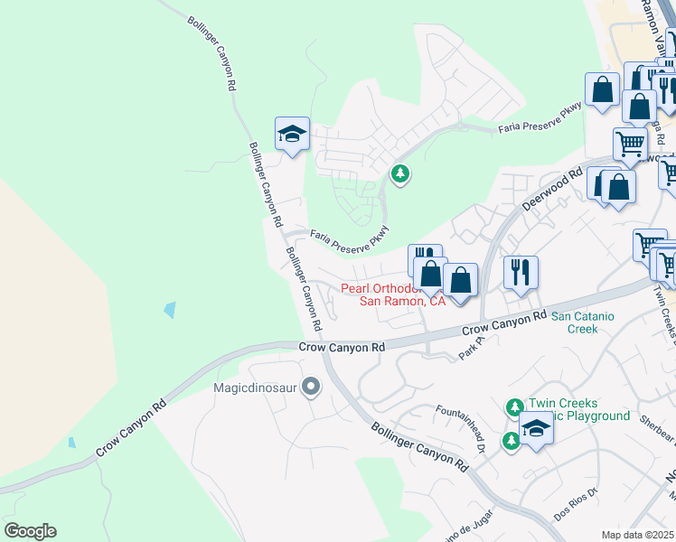 map of restaurants, bars, coffee shops, grocery stores, and more near 112 Claremont Crest Court in San Ramon