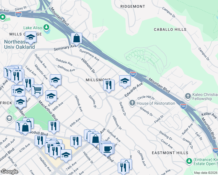 map of restaurants, bars, coffee shops, grocery stores, and more near 3927 Altamont Avenue in Oakland