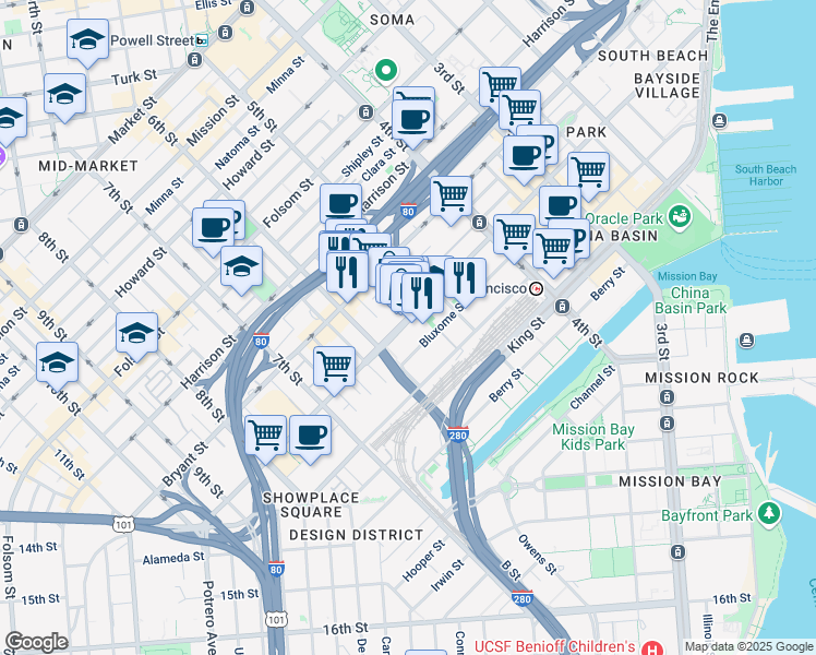 map of restaurants, bars, coffee shops, grocery stores, and more near 651 Brannan Street in San Francisco