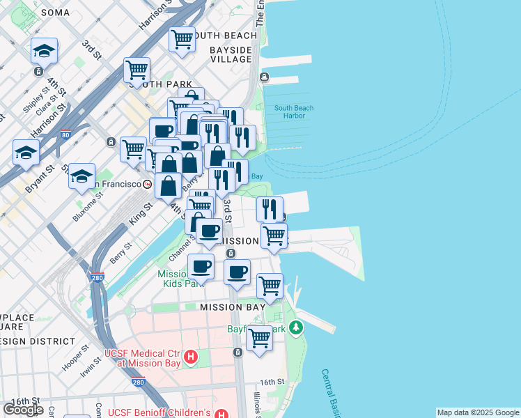 map of restaurants, bars, coffee shops, grocery stores, and more near 429 Terry A Francois Boulevard in San Francisco