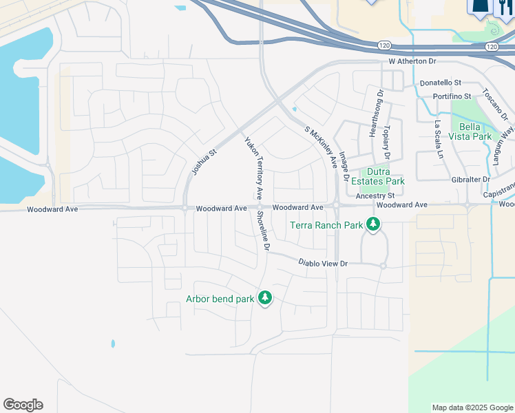 map of restaurants, bars, coffee shops, grocery stores, and more near 3249 Woodward Avenue in Manteca