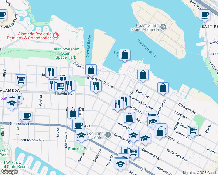 map of restaurants, bars, coffee shops, grocery stores, and more near 1576 Buena Vista Avenue in Alameda