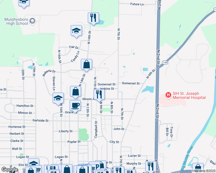 map of restaurants, bars, coffee shops, grocery stores, and more near 800-822 Somerset St in Murphysboro