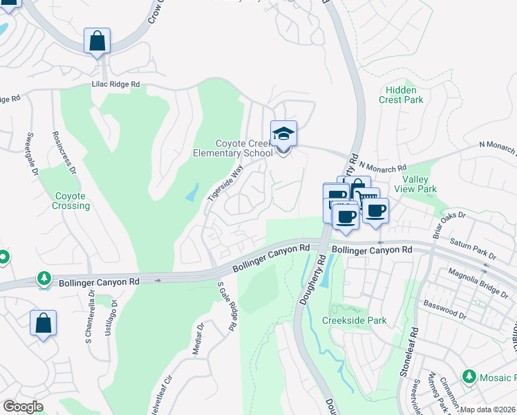 map of restaurants, bars, coffee shops, grocery stores, and more near 7169 Briza Loop in San Ramon