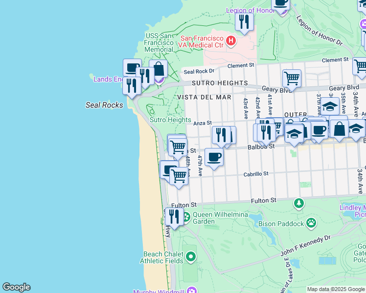 map of restaurants, bars, coffee shops, grocery stores, and more near 4722 Balboa Street in San Francisco
