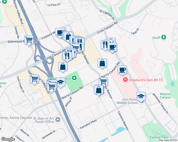 map of restaurants, bars, coffee shops, grocery stores, and more near 2300 Camino Ramon in San Ramon