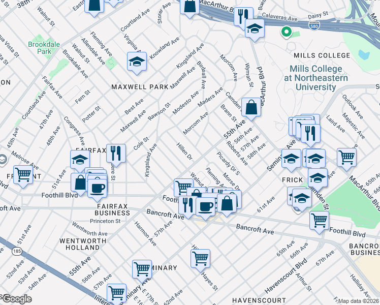 map of restaurants, bars, coffee shops, grocery stores, and more near 5353 Fleming Avenue in Oakland