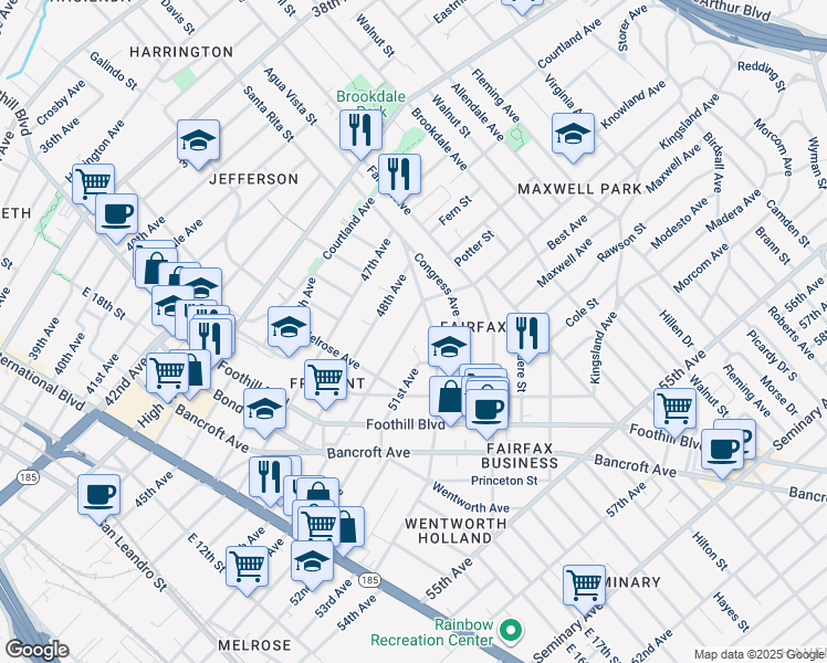 map of restaurants, bars, coffee shops, grocery stores, and more near in Oakland