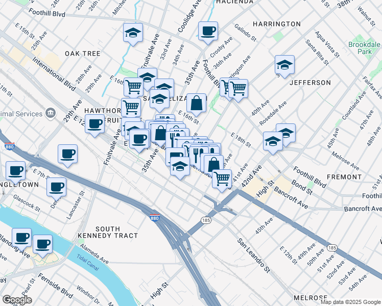 map of restaurants, bars, coffee shops, grocery stores, and more near 1442 37th Avenue in Oakland