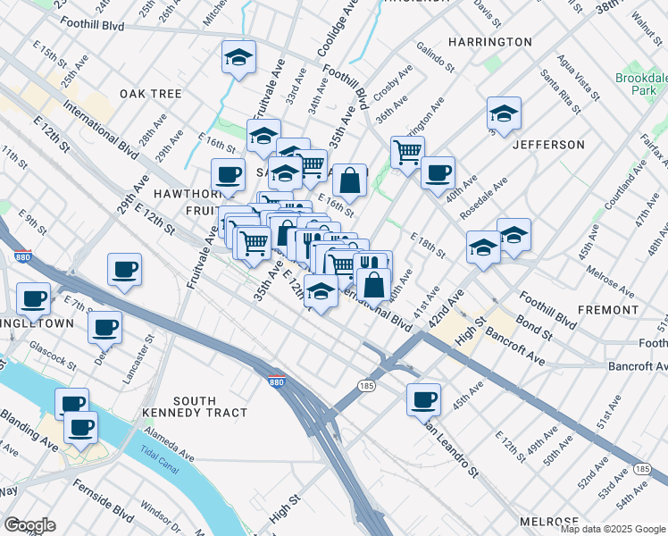 map of restaurants, bars, coffee shops, grocery stores, and more near 1442 37th Avenue in Oakland