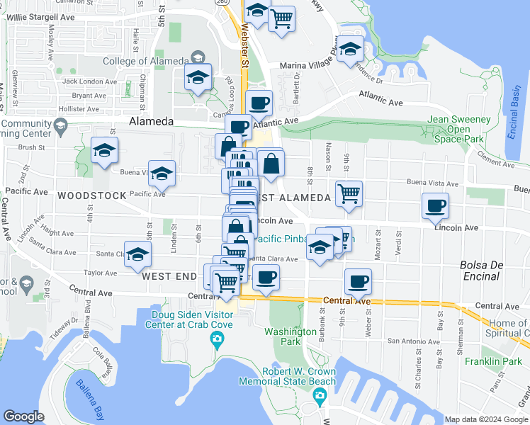 map of restaurants, bars, coffee shops, grocery stores, and more near 720 Pacific Avenue in Alameda