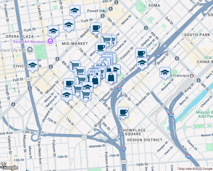 map of restaurants, bars, coffee shops, grocery stores, and more near 336 7th Street in San Francisco