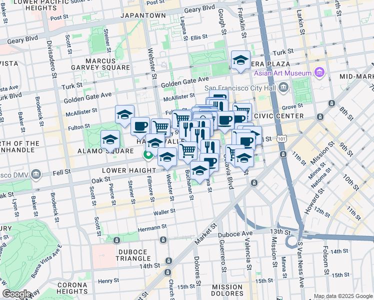 map of restaurants, bars, coffee shops, grocery stores, and more near 542 Linden Street in San Francisco