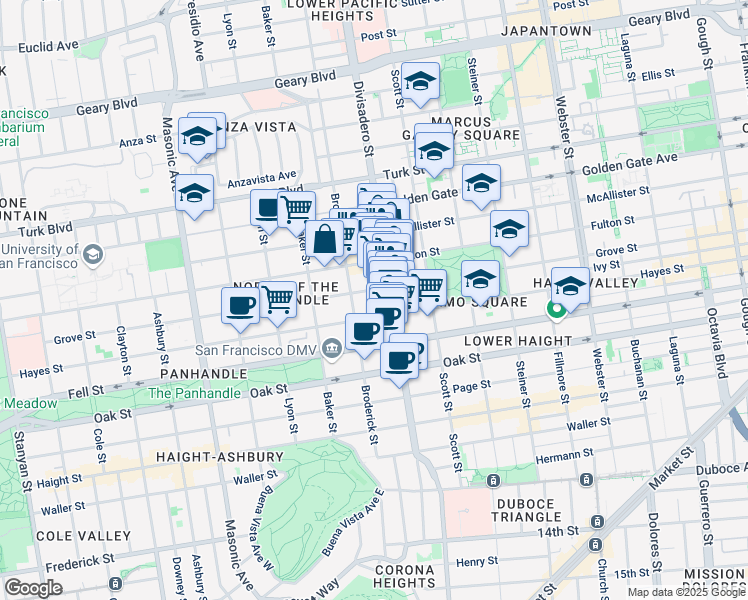 map of restaurants, bars, coffee shops, grocery stores, and more near 1335 Fulton Street in San Francisco