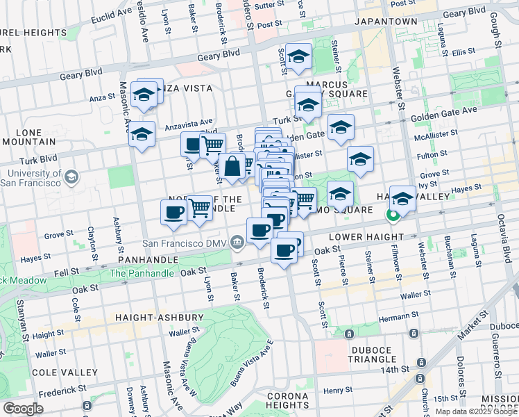 map of restaurants, bars, coffee shops, grocery stores, and more near 1335 Fulton Street in San Francisco