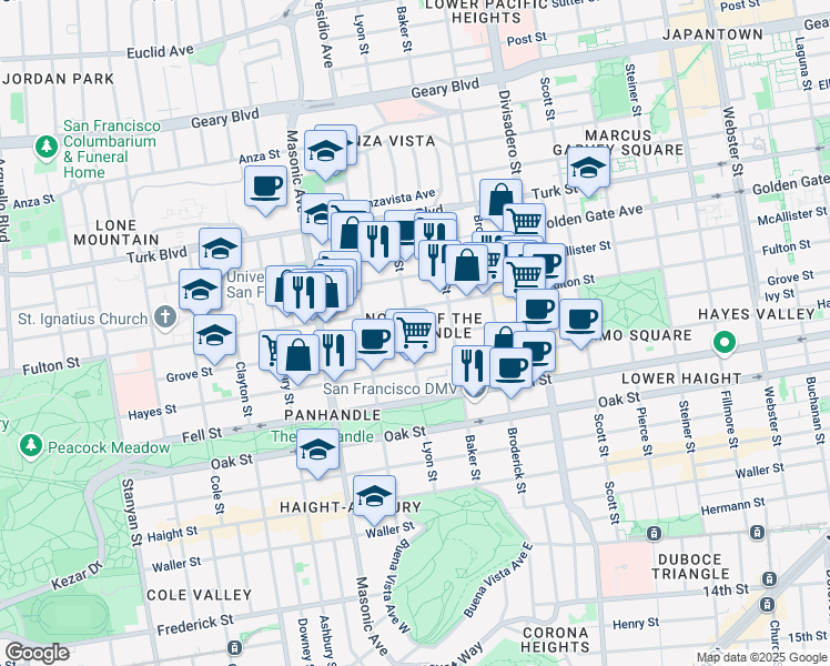 map of restaurants, bars, coffee shops, grocery stores, and more near 1615 Fulton Street in San Francisco