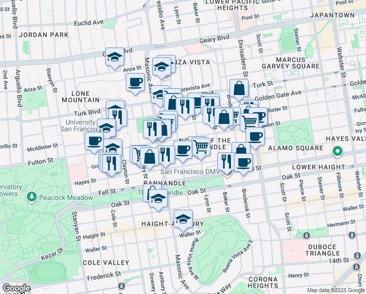 map of restaurants, bars, coffee shops, grocery stores, and more near 1706 Fulton Street in San Francisco