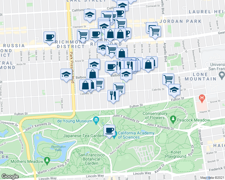 map of restaurants, bars, coffee shops, grocery stores, and more near 664a 8th Avenue in San Francisco